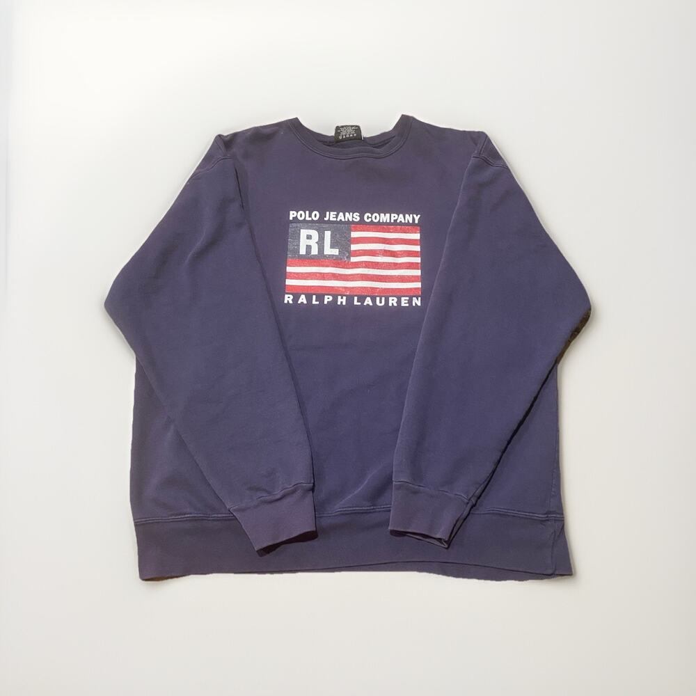 VINTAGE Polo Jeans Ralph Lauren Company Flag Crewneck Sweatshirt Men Large Black